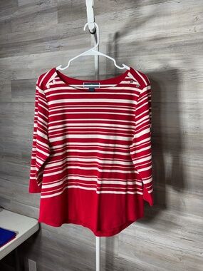 Karen Scott Red and White Striped Long Sleeve Boatneck Top